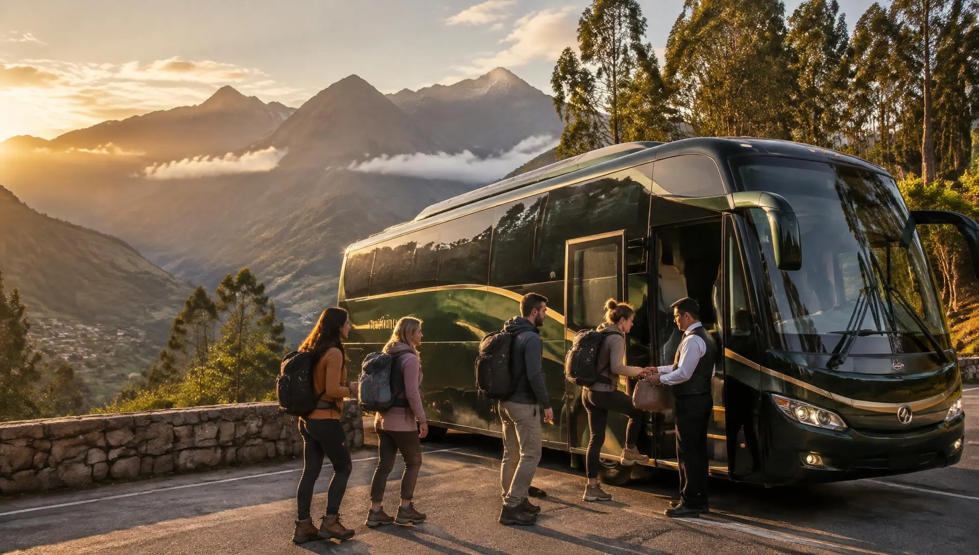 Viajeros abordando un bus turístico en Cusco