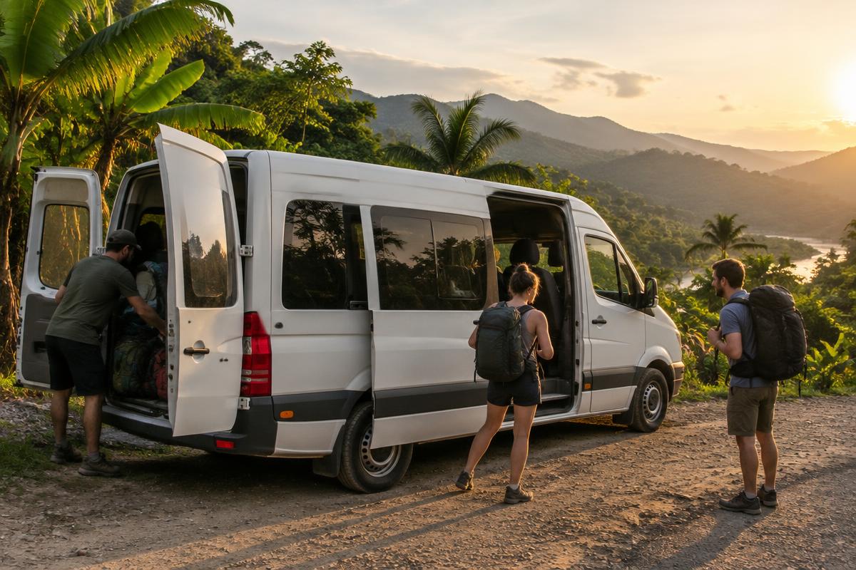Viajeros cargando mochilas en una minivan turística